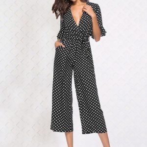 Half sleeve V-neck polka dot print jumpsuit