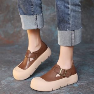 Handmade Leather Buckle With Velcro Flat Shoes